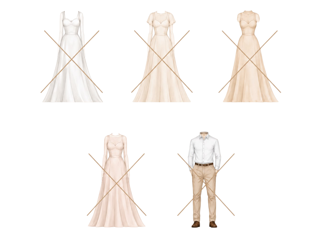 Evitar blanco, ivory, champagne, nude muy claro y vestimenta casual